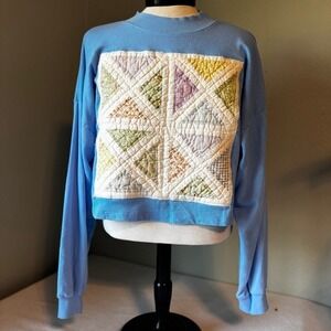 Up Cycled Blue Cropped Quilted Patchwork Sweatshirt Mock Neck Size M Cottagecore